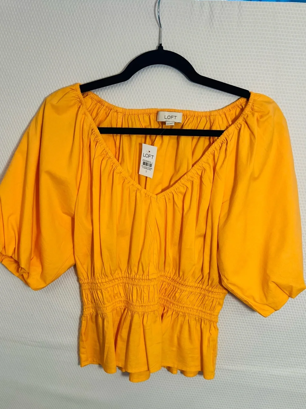 LOFT Bright Orange Puff Sleeve Smocked Peplum Blouse